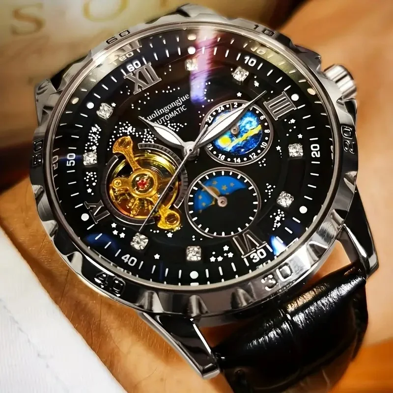 Luxurious Automatic Mechanical Men's Watch with Starry Sky and Luminous Dial, Elegant Tourbillon Movement, Perfect for Business or Casual Wear, Ideal Christmas or Birthday Gift, Holiday Gift Watch, No Battery Required