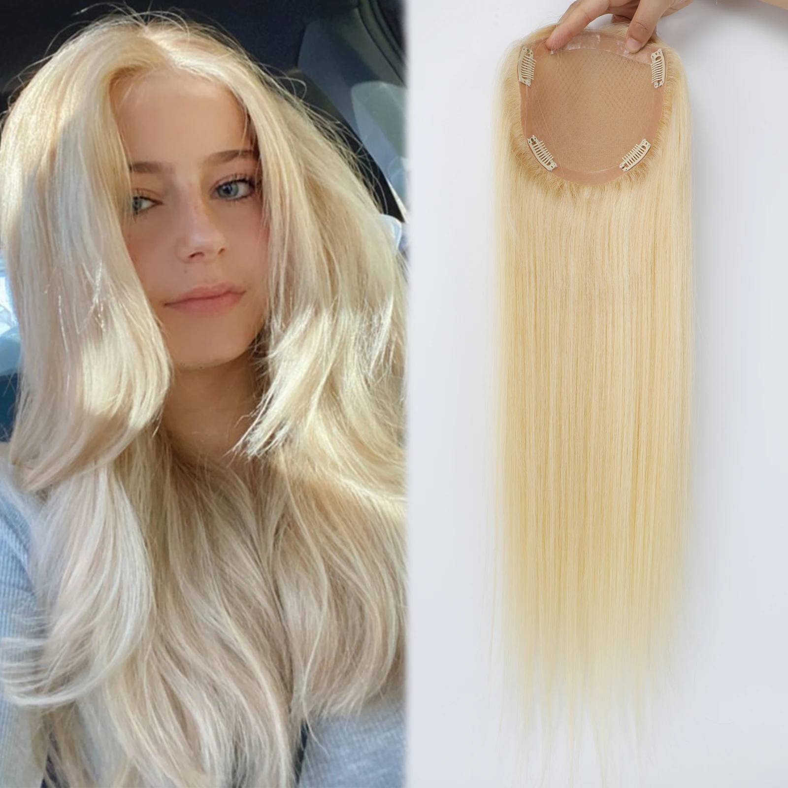 

#613 Light Blonde Human Hair Topper with Bangs 6x6inch Silk Top Hairpieces with Clips in Full Hand Tied Silk Top Soft Breathable