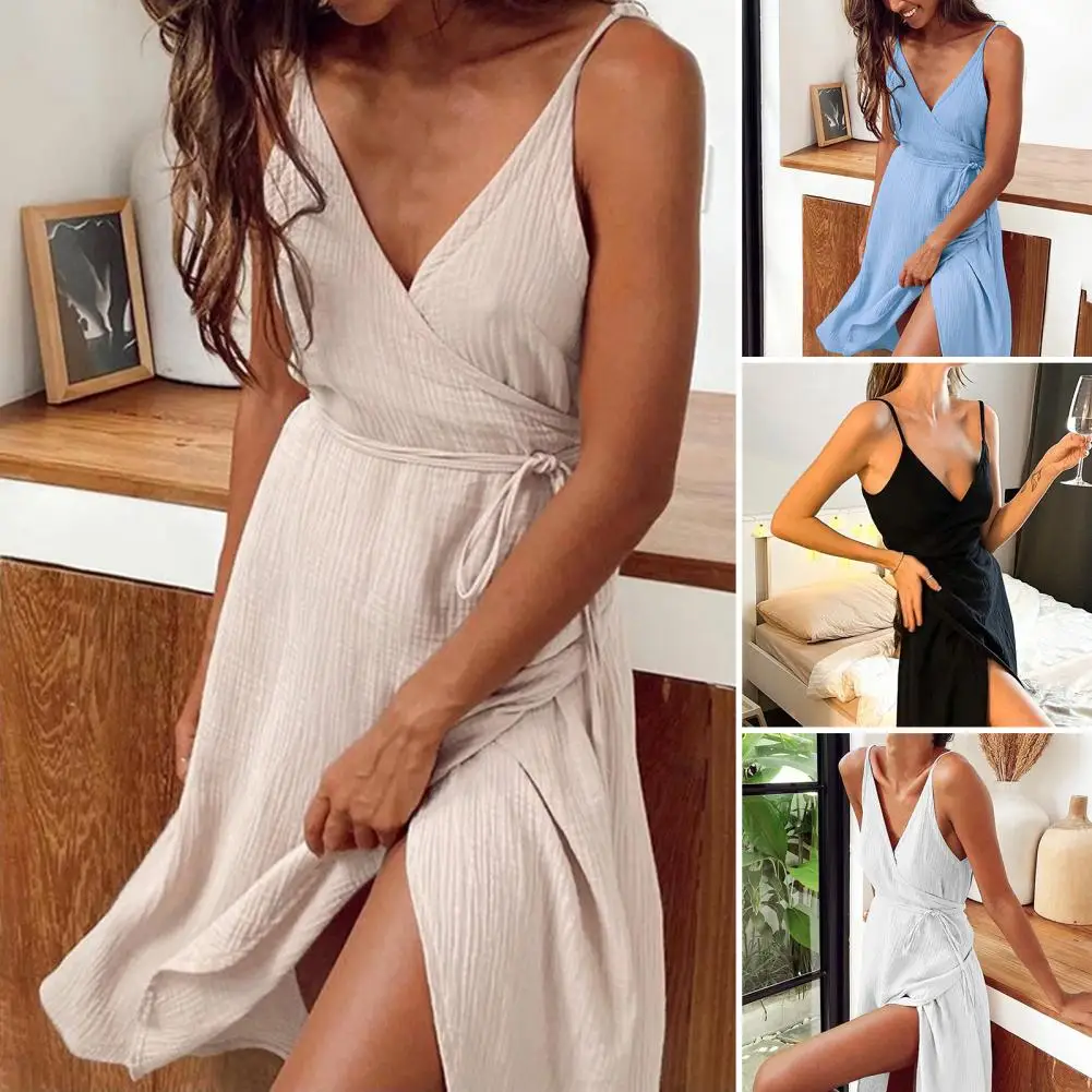 Women Pajama Dress Slit Skirt Tie-in Waist Sleeveless Sling V-neck Solid Color Female Clothing Soft Waist-skimming Dress