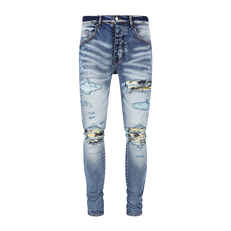 High Street Fashion Men Jeans Retro Blue Stretch Skinny Fit Ripped Jeans Men Brand Designer Patched Hip Hop Denim Pants Hombre