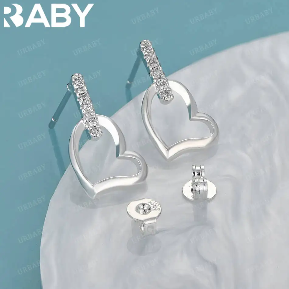 

URBABY 925 Sterling Silver Zircon Love Heart Stud Earrings For Women Romantic Fashion Jewelry Engagement Wedding Accessories