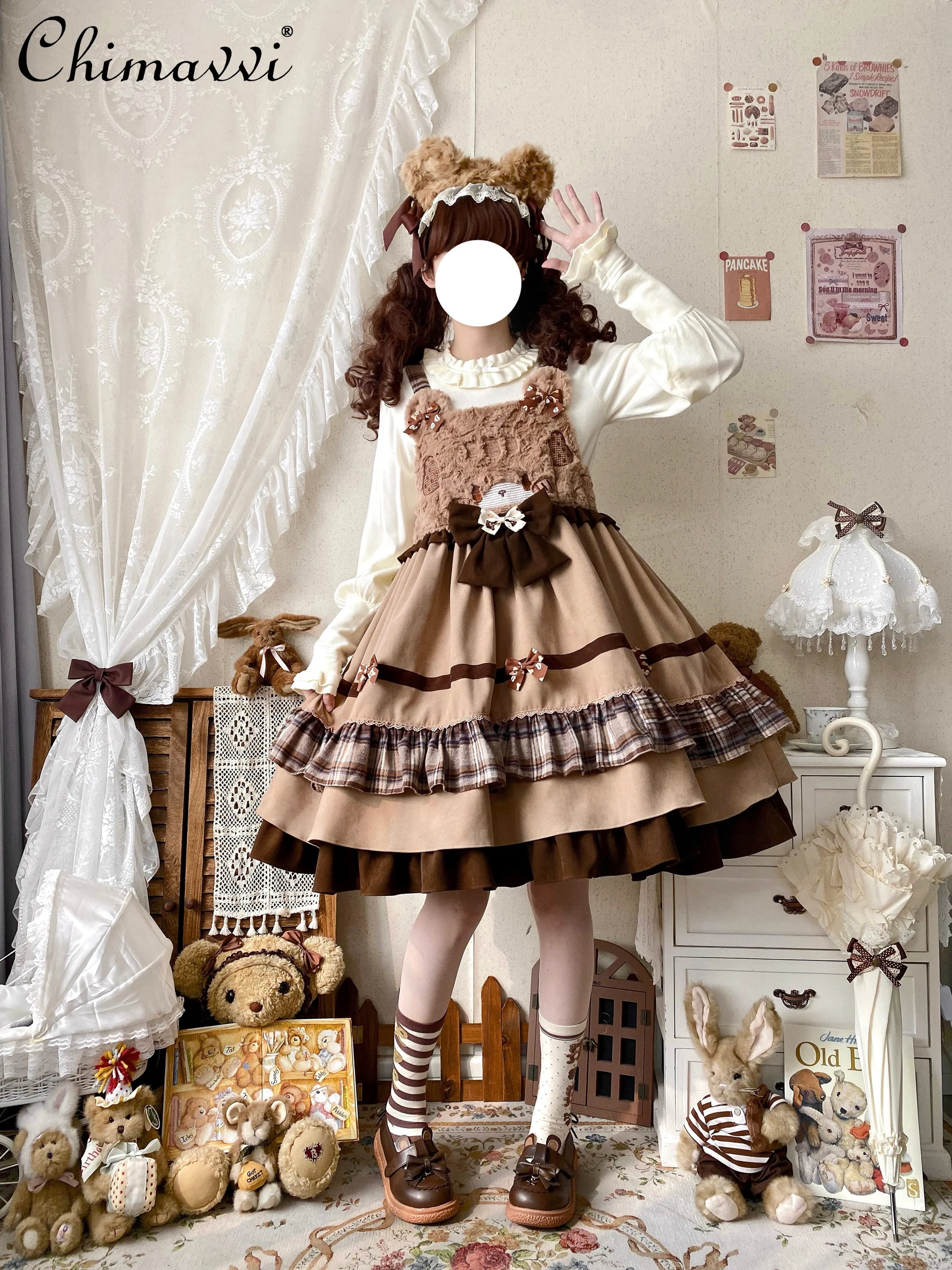 Autumn and Winter Lolita Polished Cute Strap Bow Jsk Dresses Cute Student Girl Kawaii Loose Elegant Y2k Short Dress Women