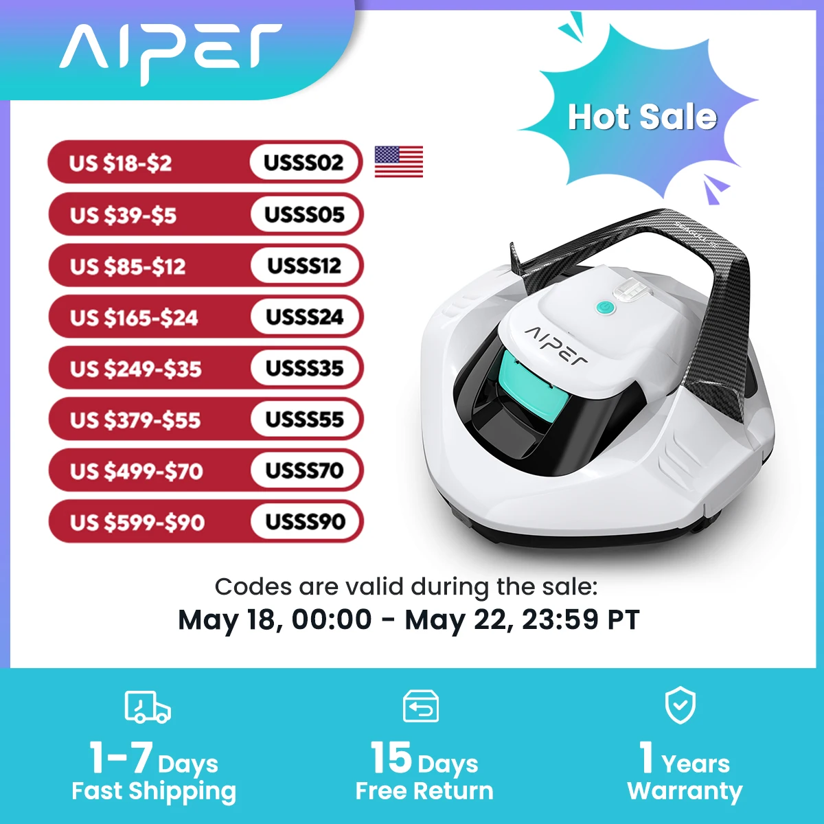 

Refurbished AIPER Seagull SE Cordless Robotic Pool Cleaner, Above Ground Pool Vacuum with LED Indicator, Lasts 90 Mins