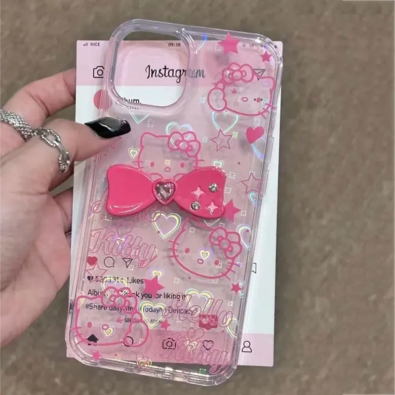 Sanrio Hello Kitty Bow Full Screen KT Face Phone Case For iPhone 16 15 14 13 12 11 Pro Max XR XSMAX 7 8 Plus Y2K Pink Girl Cover