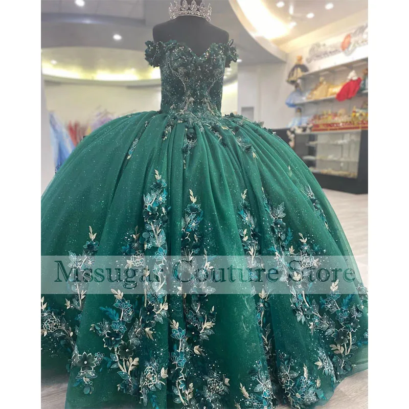 Emerald Green Exquisite Ball Gown Quinceanera Dress 3D Flower Lace Up Back 15 Year Party Birthday Princess Formal Gown Vestidos