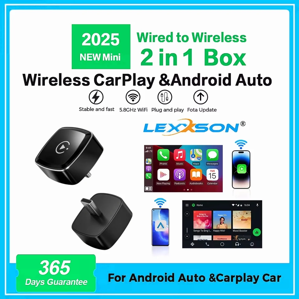 2 in1 Wired to Wireless CarPlay Adapter Plug & Plug Auto Connect Converts for Wired Cars Compatible CarPlay & Android Type C