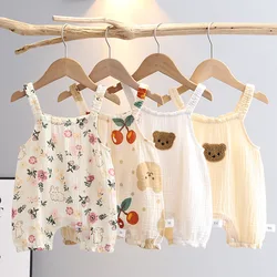 Zomer Baby Meisjes Romper Met Hoed Cartoon Kersenbeer Jumpsuits Baby Mouwloze Mousseline Kleding Voor Jongens Konijnenprint Outfits