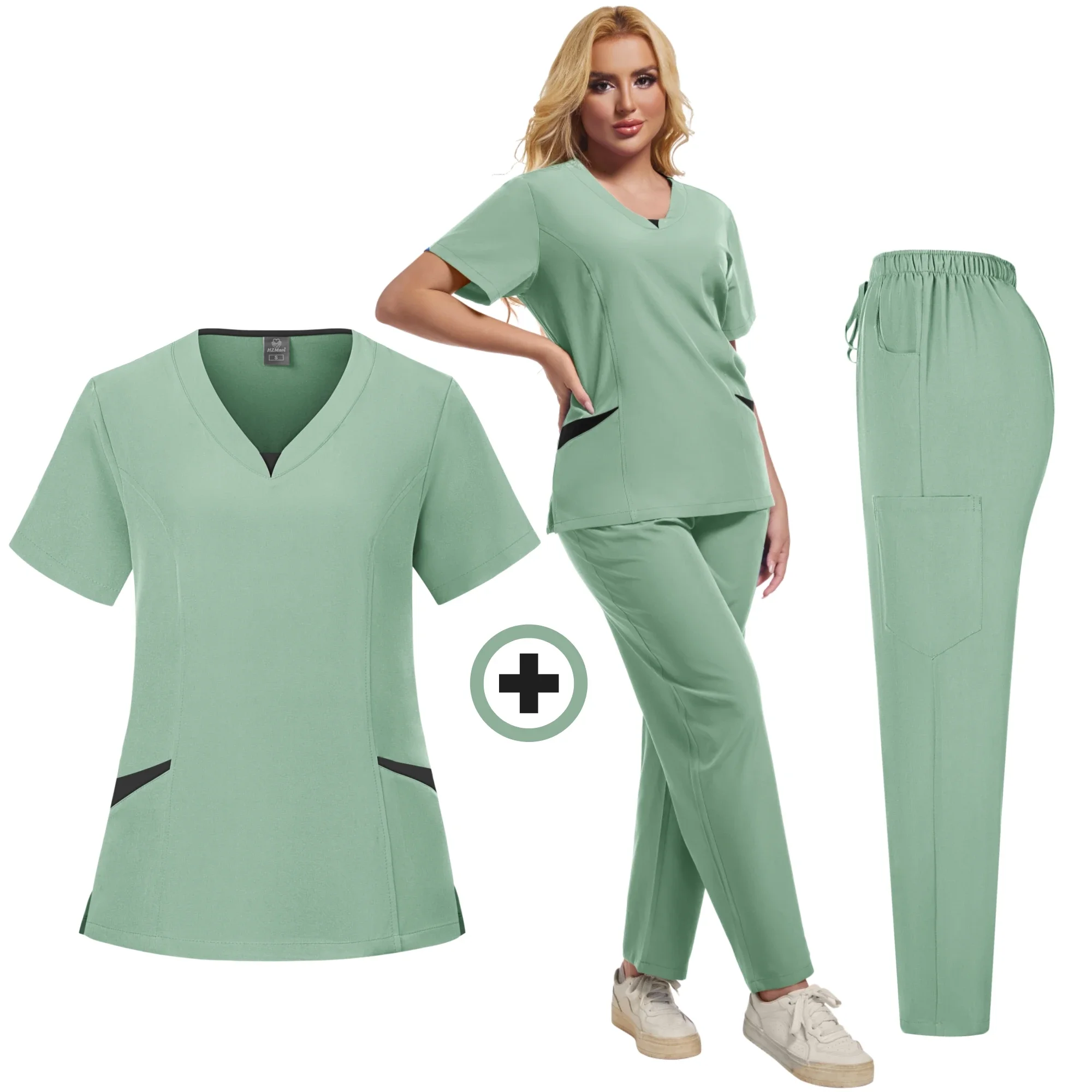 Nova mulher médica cirúrgica enfermeira uniformes esfrega conjunto salão de beleza workwear clínico esfrega topo + calças médico enfermagem túnica terno