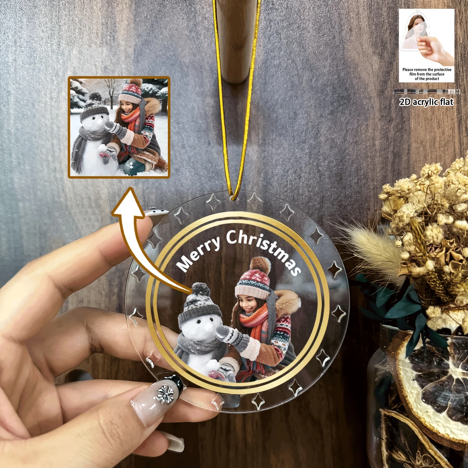 1pc/3pcsCustom photo keychain pendant, golden rope holiday decoration, personalized Christmas gift for family and friends, holid