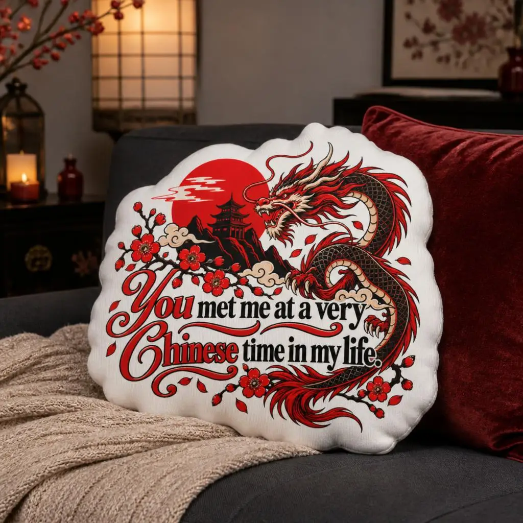 Chinese Dragon Shaped Pillow You Met Me at a Very Chinese Time Quote Cushion Stuffed Throw Pillow Sofa Accent Home Decor Gift