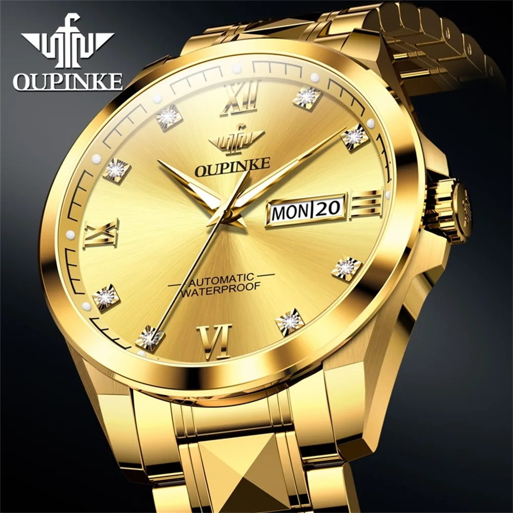 OUPINKE 3262 Watches Man High Quality Luxury Original Automatic Mechanical Tungsten Steel Watch﻿ 50M Waterproof Week Date Watch