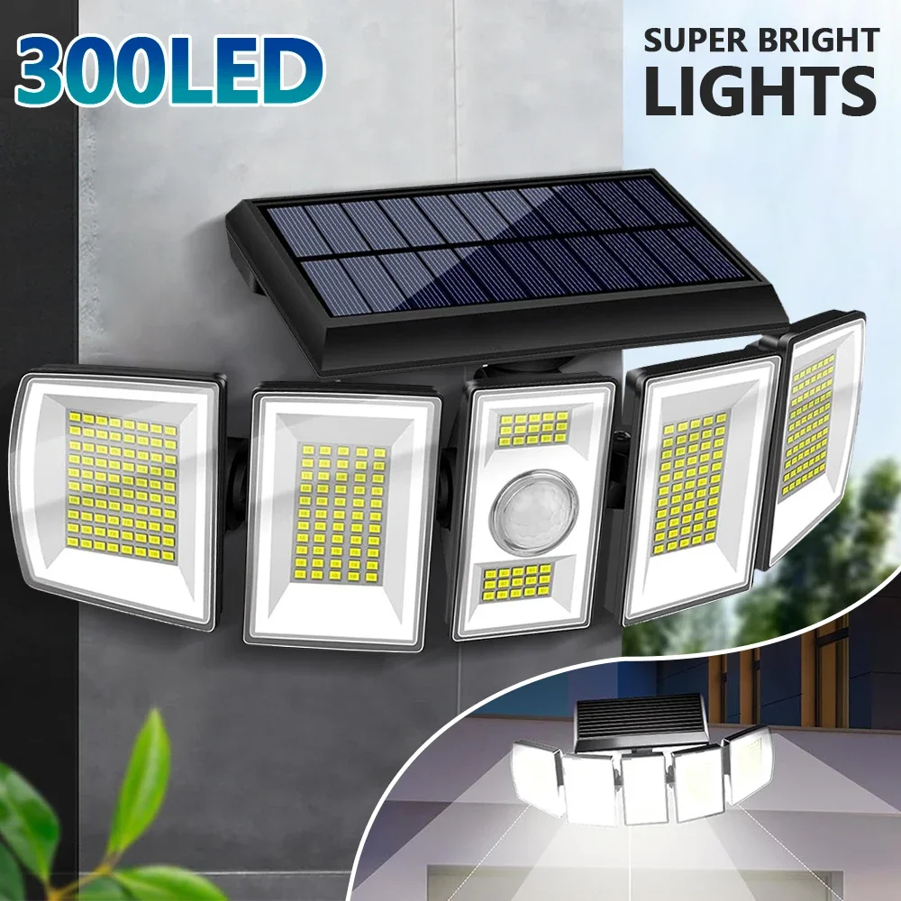 Solar Lights Outdoor, 300LED 6500K Motion Sensor Outdoor Light, Outdoor Security Lights 5 Heads LED Flood Lights for Garage Yard