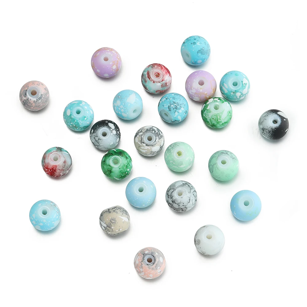 30-50pcs 8/10mm Glass Snowflake Beads Round Imitation Ceramic Spacer Beads for Bracelet Necklace Jewelry Making Accessories
