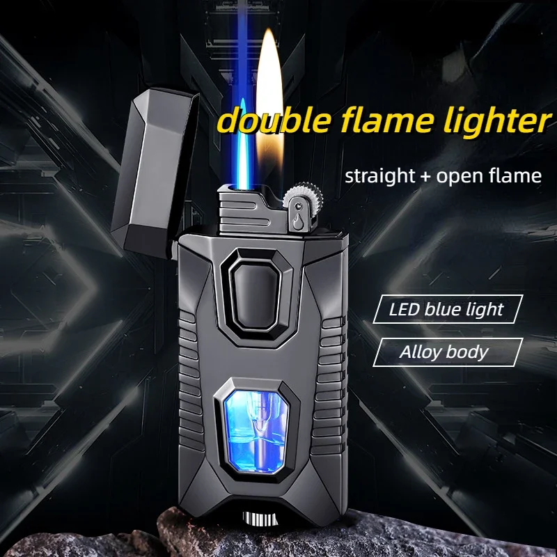 Newest Metal Open Flame Direct Double Flame Personalized Creative Blue Light Lighter Gradient Color Windproof Cigarette Lighter