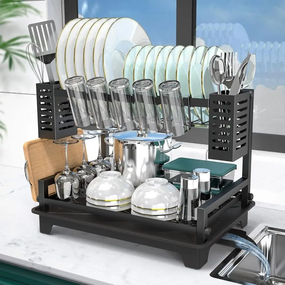

Dish Drying Rack: 2 Tier Dish Racks or Kitchen Counter and Sink - Large Dish Drying Rack with Drainboard & Utensil Holders - Sta