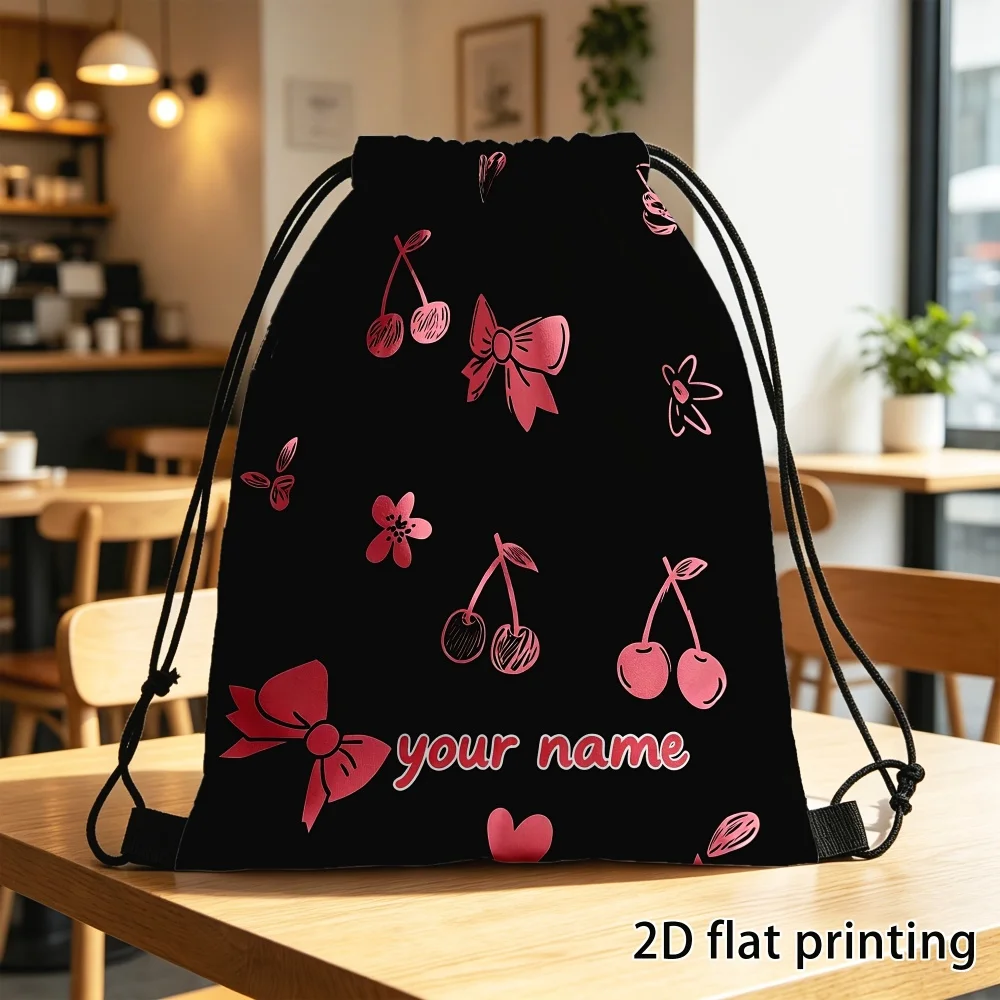 1Pc Custom Name/Text Drawstring Backpack, Cherry Bow Heart Floral Print,Lightweight Sport Bags, Gym Storage Bag,Outdoor Rucksack