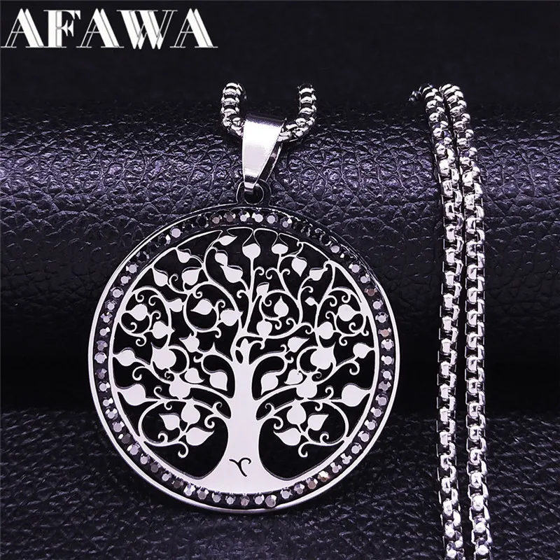 Tree of Life Stainless Steel Necklaces for Men/Wmen Blacke Crystal Pendant Necklace Jewelry arbre de vie acier inoxydable N50S02