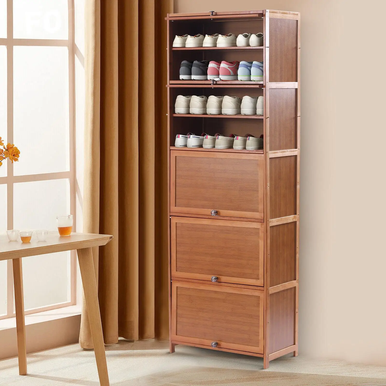 Tall Bamboo Shoe Cabinet Brown Entryway Shoe Rack Floor Mount Shoe Cabinet 10 Tier Cabinet Concealed Sliding Doors Storage Rack