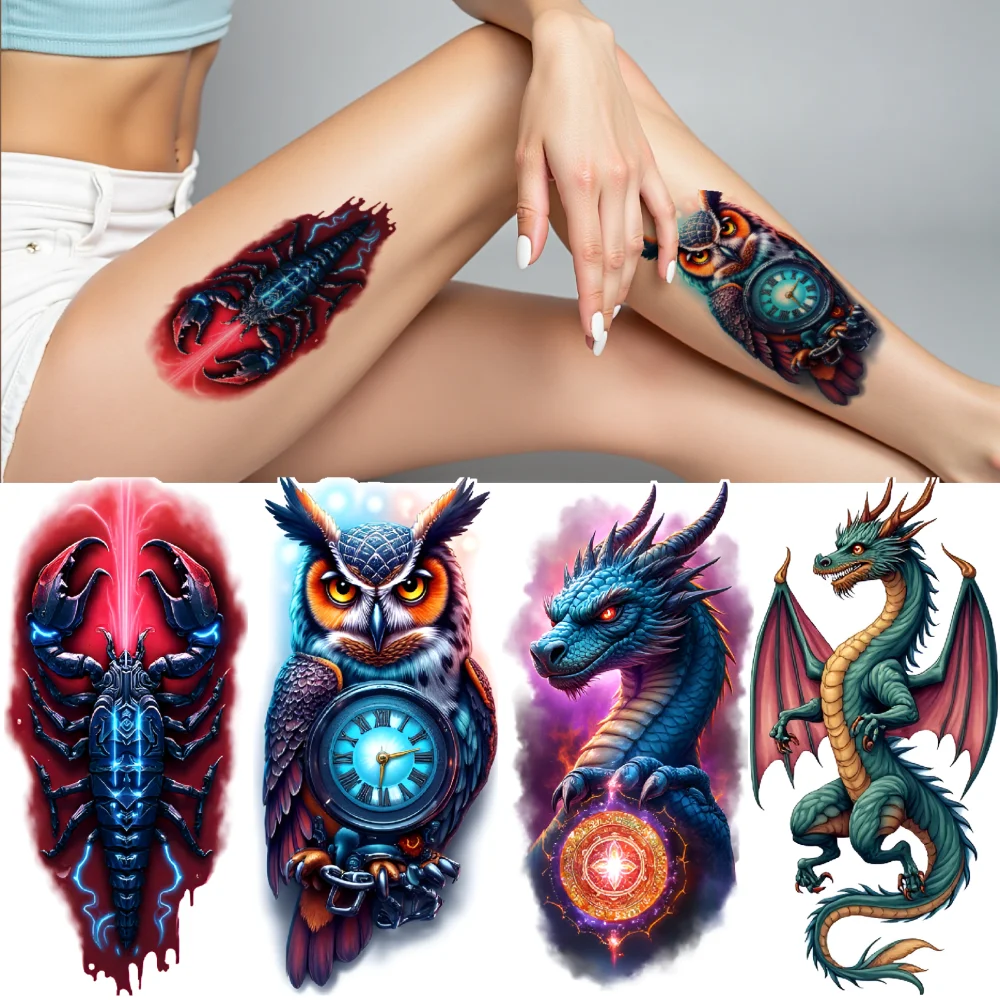 

3pcs Temporary Tattoo Owl Tattoo Waterproof Long-lasting Body Stickers Dragon Tattoo Insect Tattoo Colorful Realism For Arms