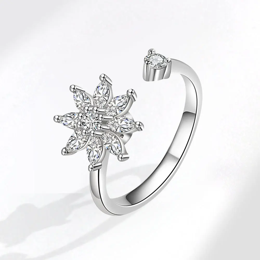 Gold Color Copper Crystal Anxiety Relife Spinning Ring For Women Enamel Sunflower Rotate Freely Anti-Stress Rotating Rings view 6