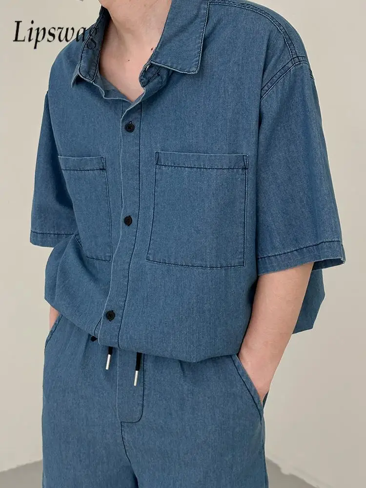 Streetwear Vintage Mens Jean Two Piece Suits Spring Summer Casual Solid Color Denim Sets Men Fashion Shirt And Shorts Outfits