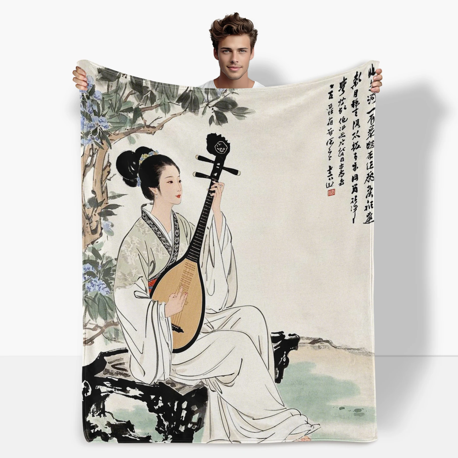 Cozy And Stylish Ancient Chinese Lady With Pipa And Classic Poetry Blanket, Ideal Gift Choice