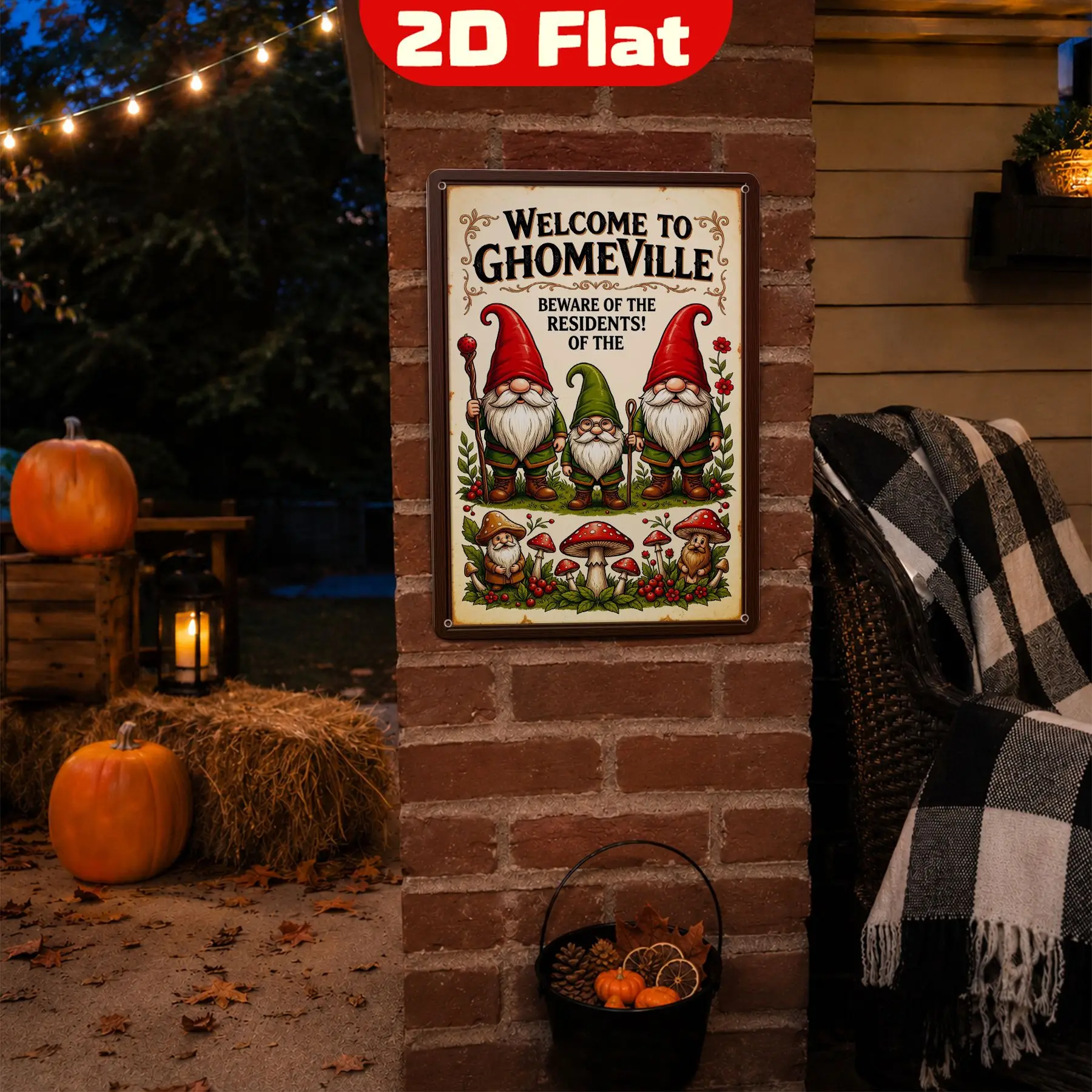 2D Flat Vintage Garden Gnome, Rectangular Metal Aluminum Sign, Welcome To Gnomeville Beware of The Residents