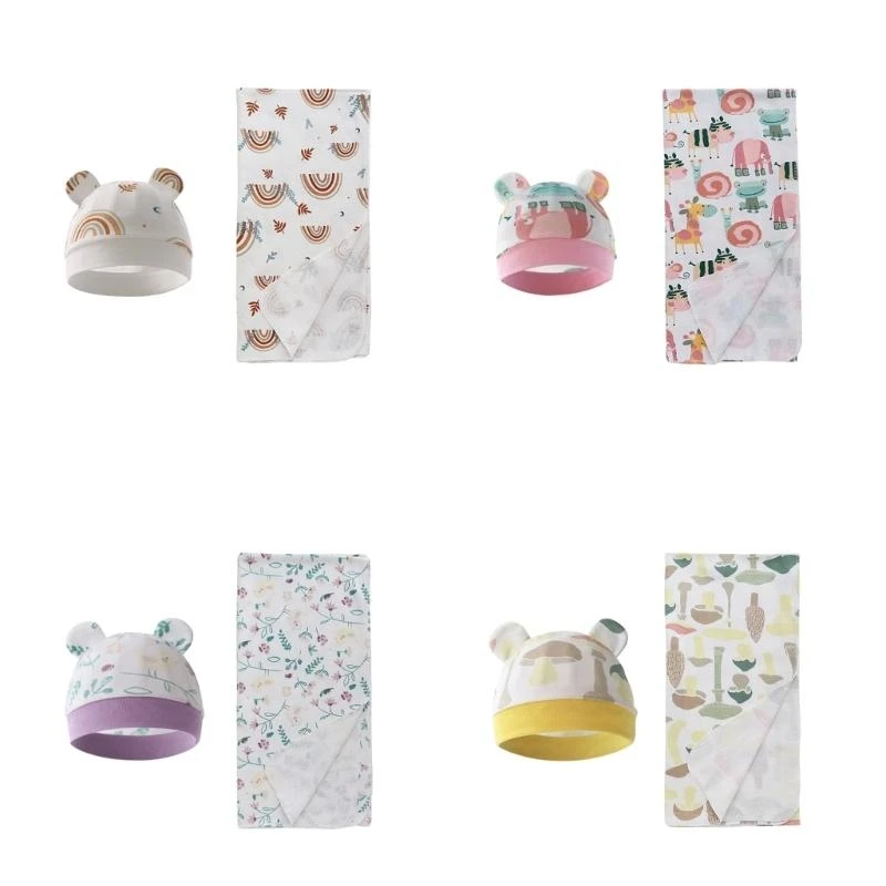 

J15U Baby Swaddle Blanket with Hat Cotton Receiving Blankets for Newborn