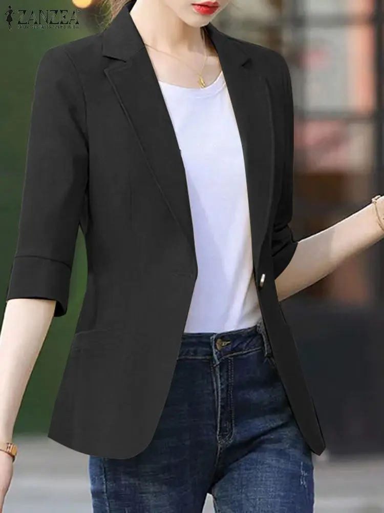 ZANZEA Elegant Summer OL Work Blazer Women Office Suits 3/4 Sleeve Lapel Neck Coats Thin Casual Solid Button Up Outwear Oversize