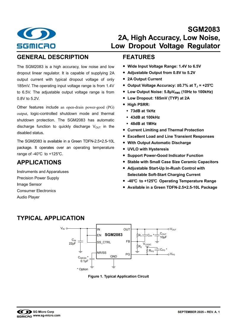 10Pcs/Lot SGM2083XTHP10G/TR TDFN-10 Marking：2083, LDO 2A,High Accuracy, Low Noise, Low Dropout Voltage Regulator,IC