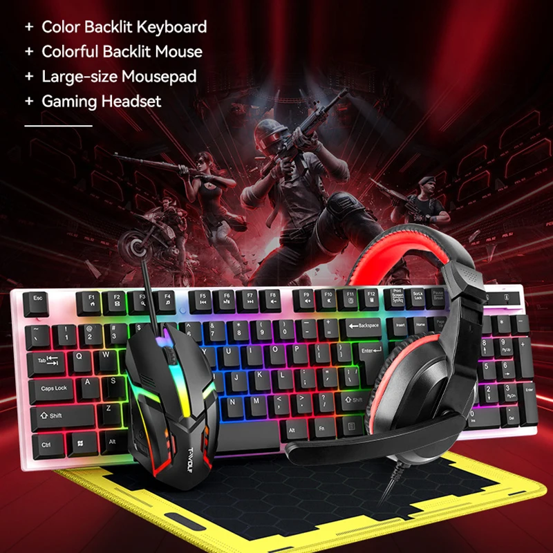 New 4 in 1 Keyboard Mouse Earphone Mousepad 4pcs Set USB Wired Gaming Computer Accessories Luminous Backlit Keyboard Mouse