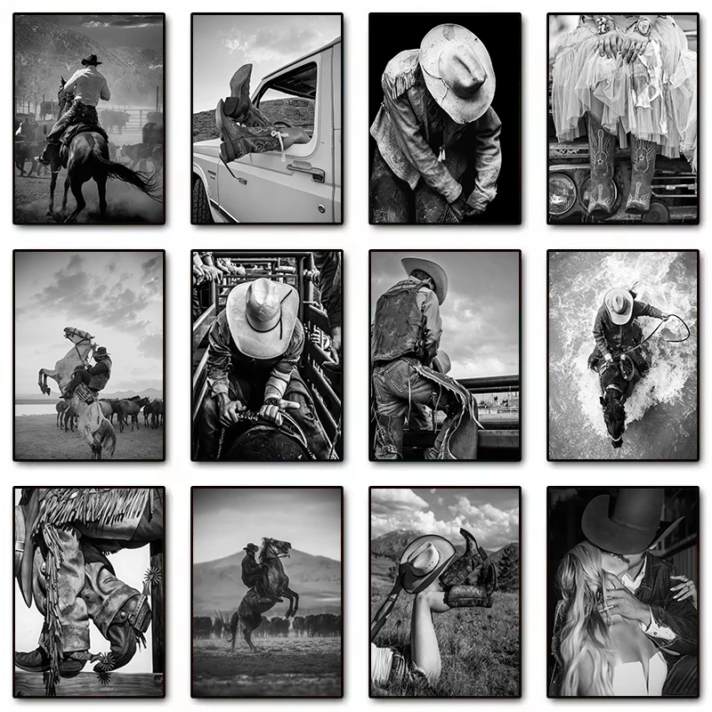 Retro Black and White Wild Western Cowboy Cowgirl Boots Fashion Photography Poster Canvas Painting Wall Art Pictures Home Dec