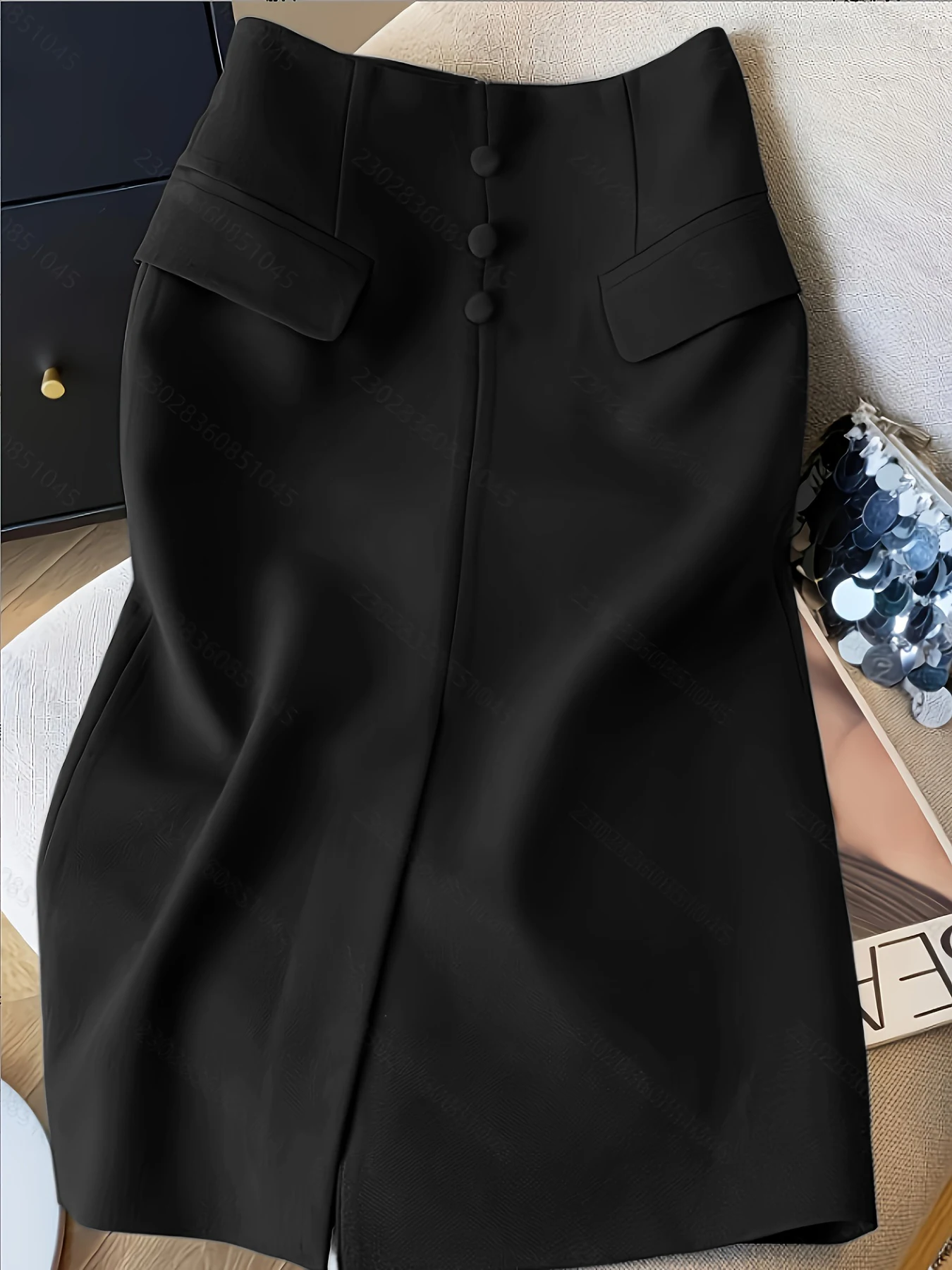 New 2026 Women's Black High-Waisted Midi Skirt, Button Fly Pocket Slit Flattering Office Versatile Suit Bodycon Skirt