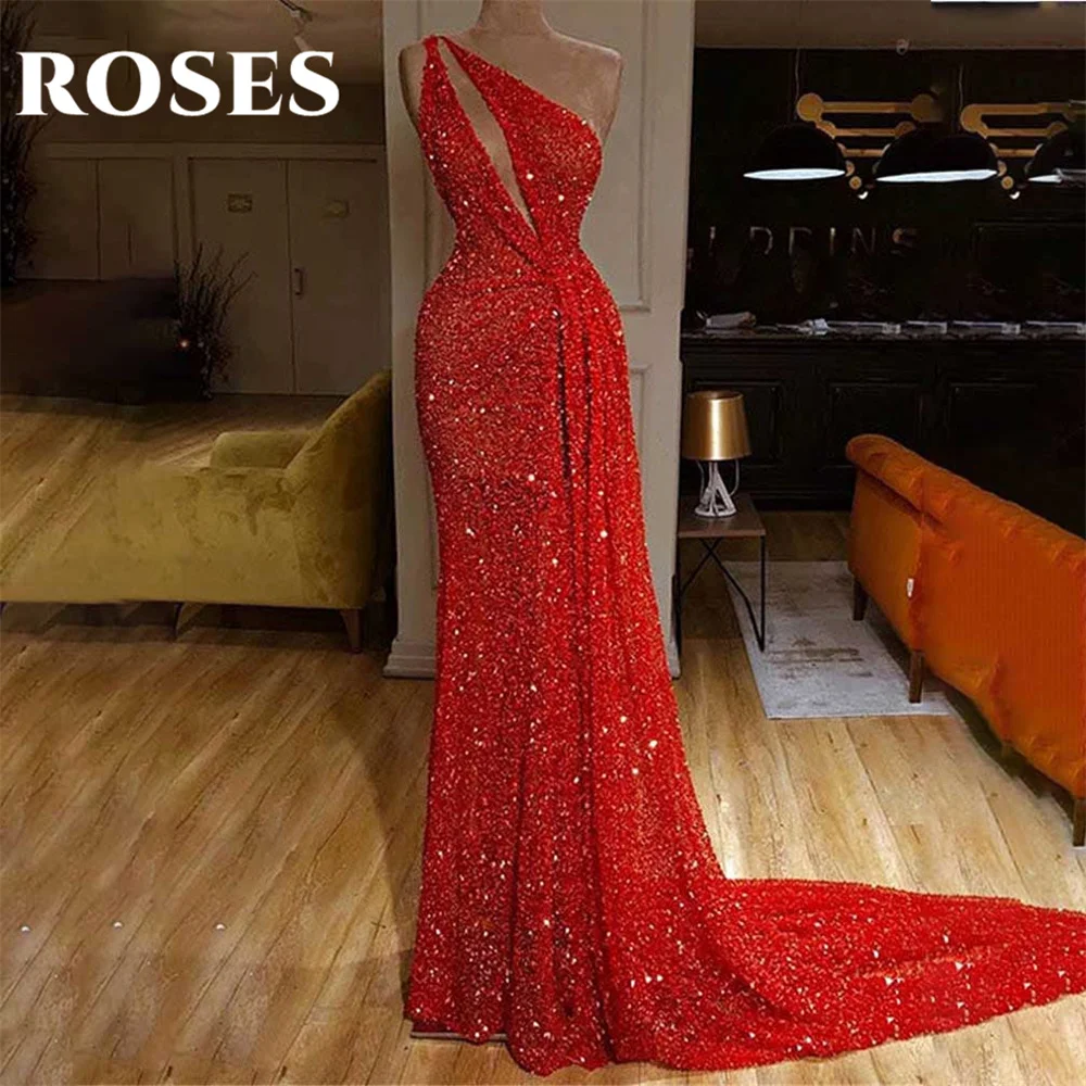 

ROSES Red Evening Dresses One Shoulder Prom Dress with Pleats Sleeveless Sequins Robe De Soirée Glitter Mermaid Party Dresses