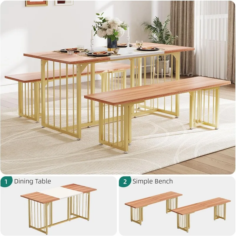 Juego de mesa de comedor Rectangular de 3 piezas para 4-6 personas, mesa de cocina de 63 "con 2 bancos, juego de mesa de comedor de granja