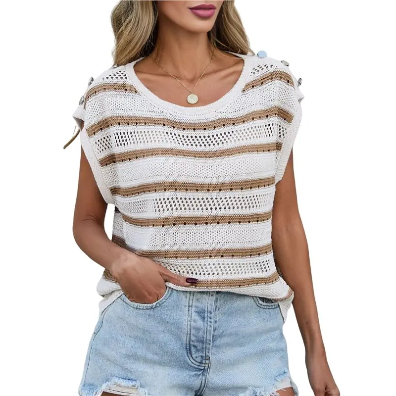 

Женский вязаный жилет CYL, полосатый пуловер, топ без рукавов с круглым вырезом, легкая летняя повседневная одежда