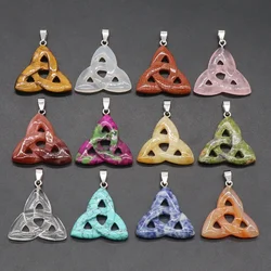Natural Stone Gemstone Irish Celtic Knot Hollow Triangle Rose Quartz Tiger Eye Unakite Pendant Necklace Accessories Size 34mm