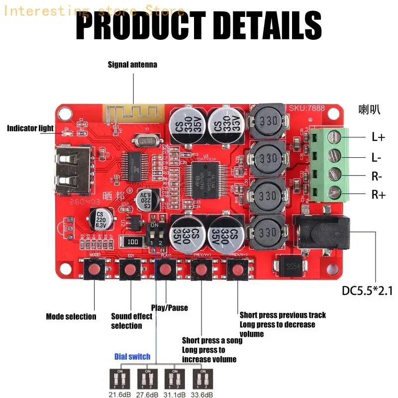 Stereo-Bluetooth-kompatible Verstärkerplatine mit 2 x 25 W Ausgang, DC8-26 V Eingang, kompaktes Empfängermodul für DIY Passiv – Detail 3