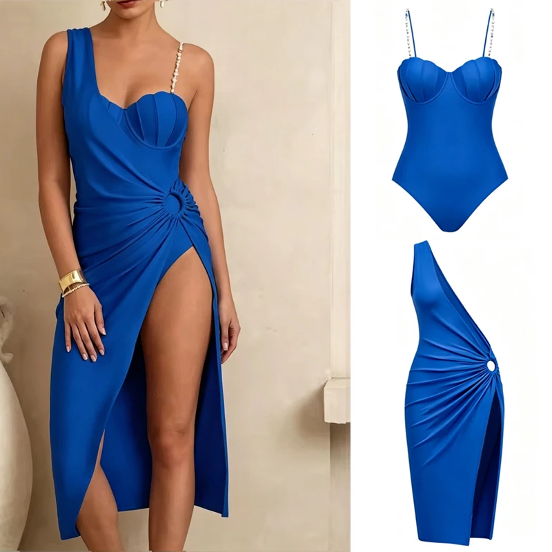 Women 2 Pieces Pearl Adjustable Strap Shell Cup One Piece Swimsuit With Asymmetrical Ruched Beach Cover Up Dress Swimwear Set