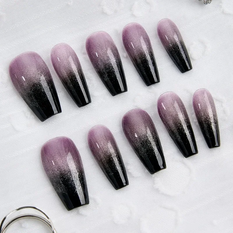 10Pcs Handmade Glitter Cat Eye False Nails with Galaxy Gradient Design Trendy Nail Art Enthusiasts Ideal for Daily&Celebrations