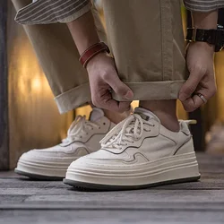 Maden Men's Casual White Thick-Sole Skateboard Shoes Vintage Low Top Lace Up Board Shoes Classic Comfortable Sneakers for Spring