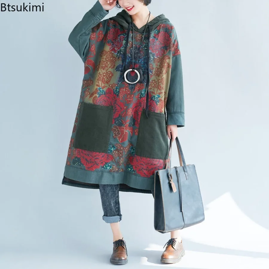 

Ethnic Style Women's Mid-length Hoodies Vintage Print Loose Casual Dress Spring Autumn Big Size Women Clothes Hooded Sweatshirts