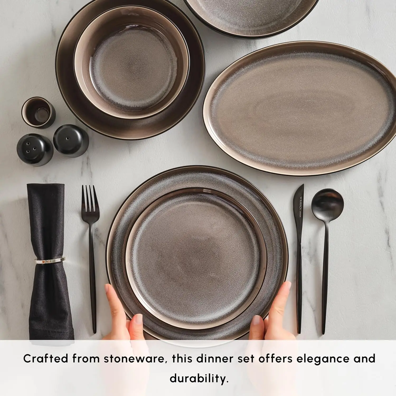 Mercure 59 Piece Stoneware Plates and Bowls Set, Reactive Glaze Black Dinner Set, Complete Kitchen Tableware Collection, Ideal D