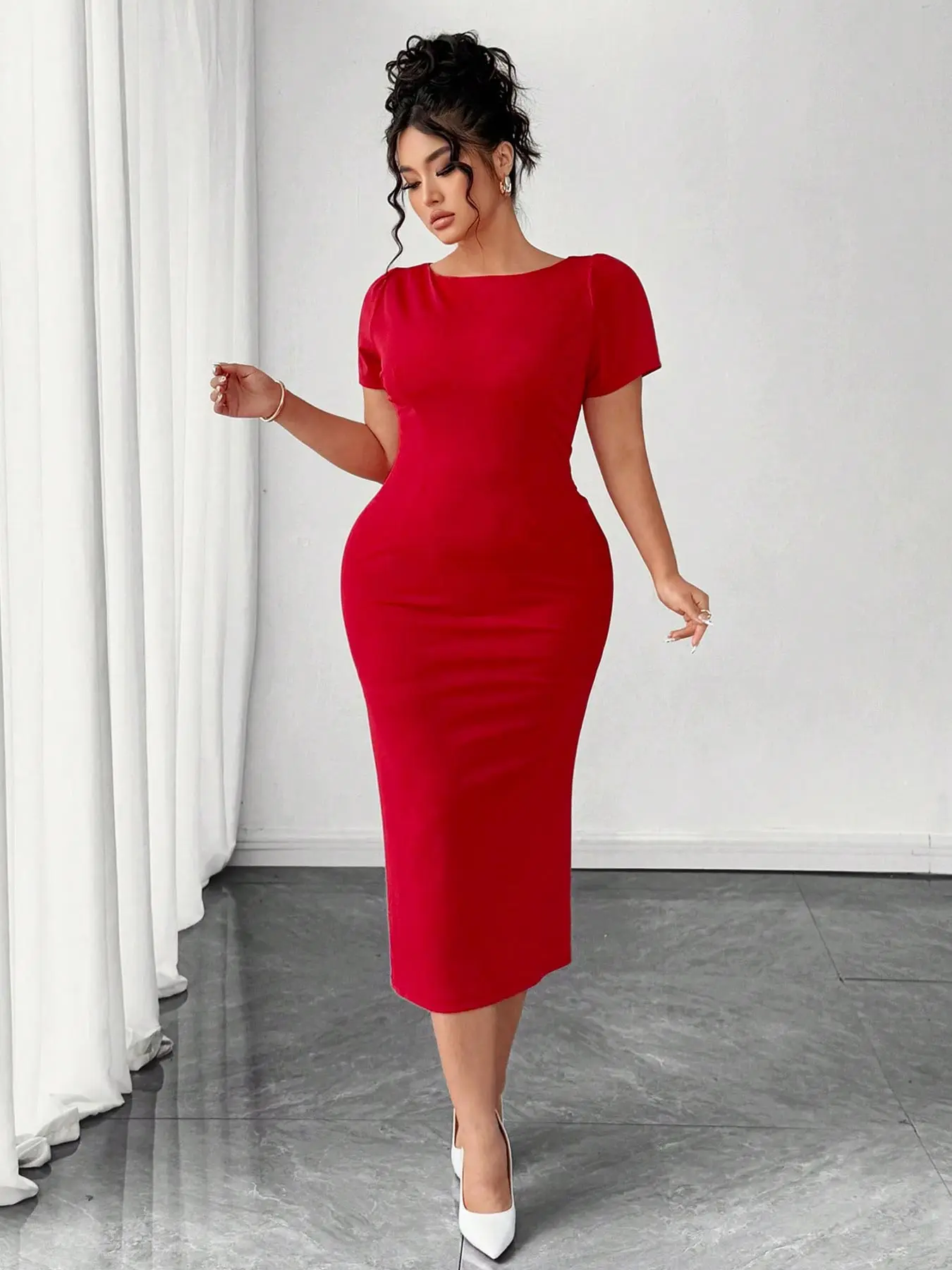 

【Plus Size】 Solid Color Button Back Dress, Casual Fashion Short Sleeve Dress for Daily Outdoor Wear, Women Plus Clothing for Sum