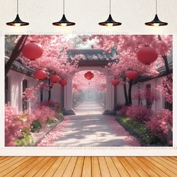 Spring Summer Garden Scene Photography Backdrop Chinese Traditional Courtyard Joyful New Year Red Lantern Theme Background Decor