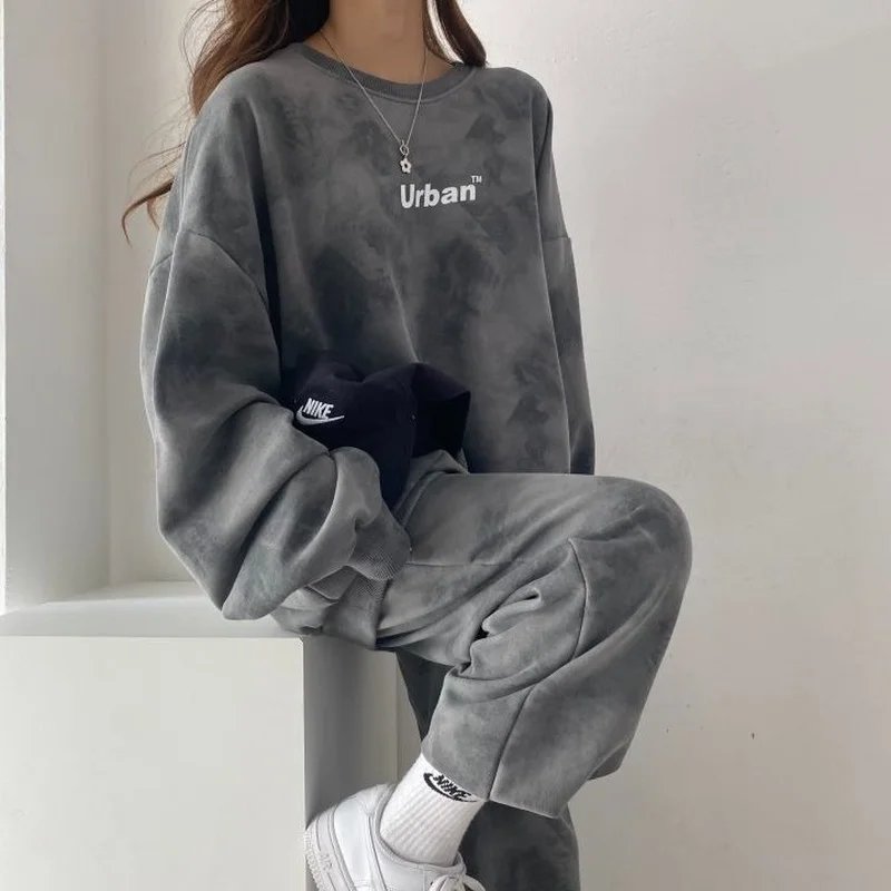 Women Pants Sets Harajuku Letter Tie Dye Females Streetwear M-3XL Loose Tracksuits Dance Tops High Waist Trousers Couples 2pcs