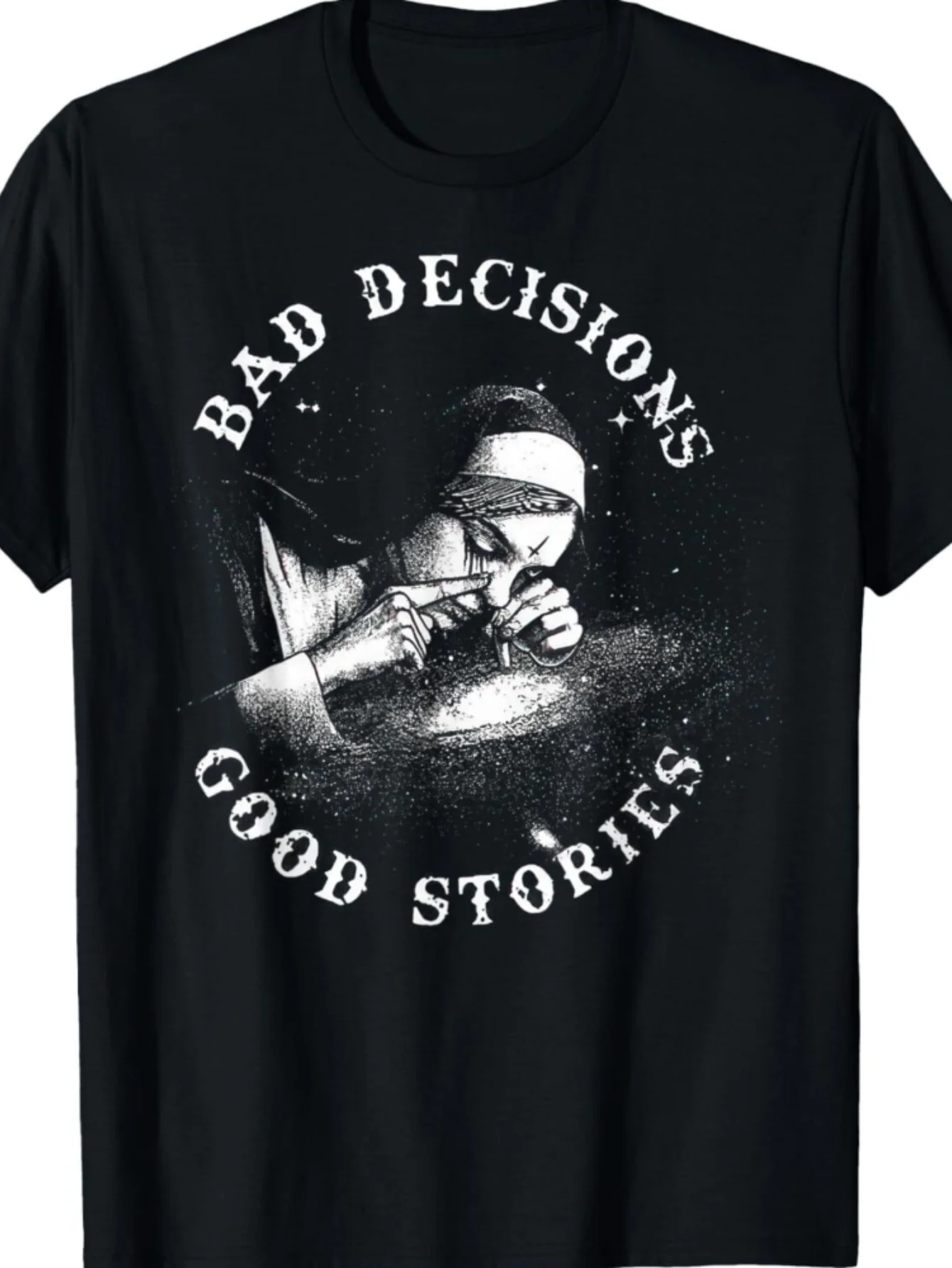 

Мужская черная хлопковая футболка с рисунком курения монахини и геометрическим принтом — мягкая дышащая ткань 200 г, стандартный крой, слегка