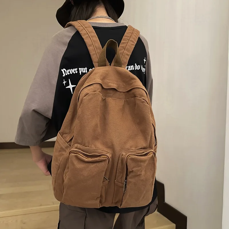 Casual Canvas Backpack Large Capacity Harajuku Style High School Student backpack Men's and Women's Solid Color Travel Backpack