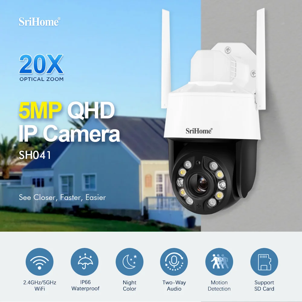 camera de vigilancia wi fi srihome sh041 5mp zoom digital 20x cameras ip ptz de seguranca externa onvif deteccao humana ai qhd ip66 01