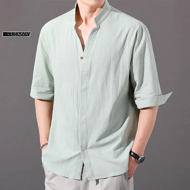 

Хлопково-льняная мужская повседневная футболка с коротким рукавом в стиле ретро, летняя, с воротником-стойкой, для молодежи